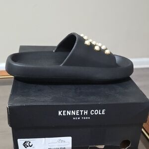 Kenneth Cole Black Slides with Gold Accents